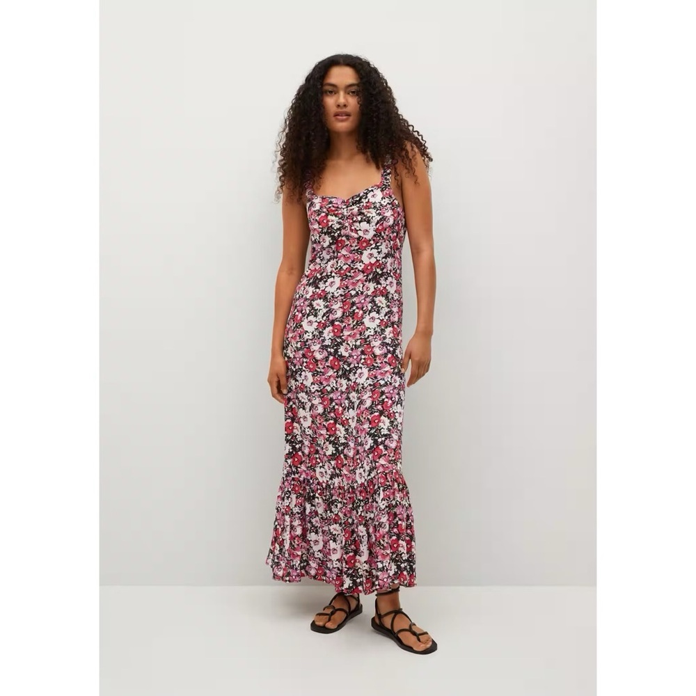 NEW Mango Pink & Red Floral Print Drop Ruffle Hem Long Dress Size US 2